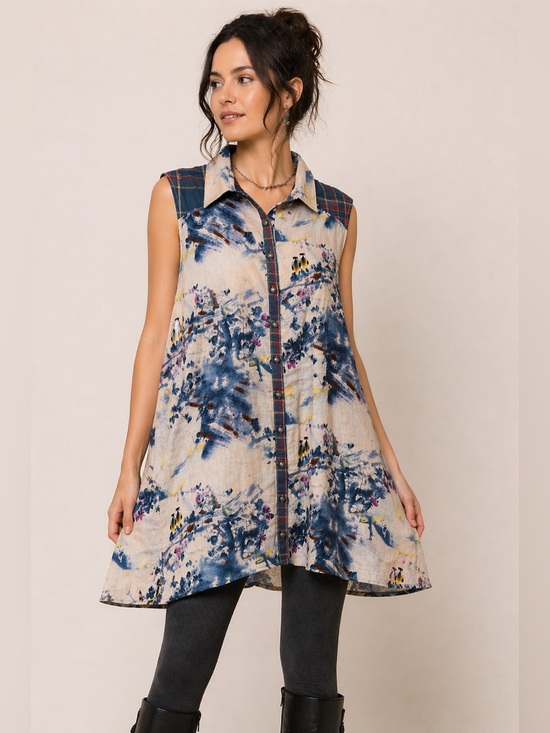 Aratta Silent Journey Dresses & Skirts - Aratta Silent Journey Mixed Print Tunic Dress Plaid Back Boho